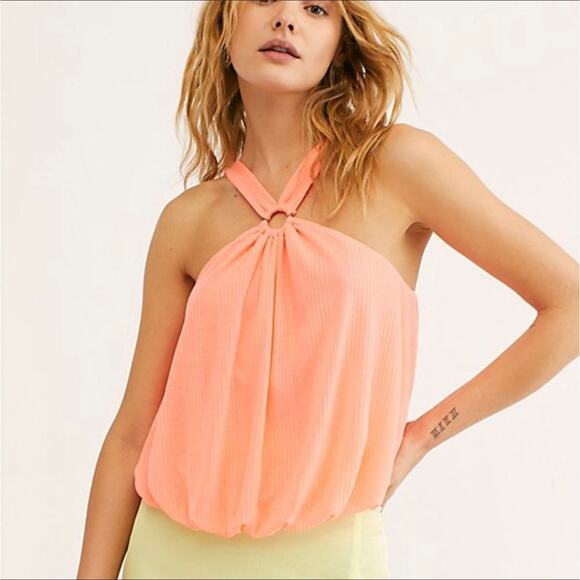 FREE PEOPLE Just A Fling Tank Top Bubble Hem Halter Coral Electric Womens Med - Picture 2 of 13